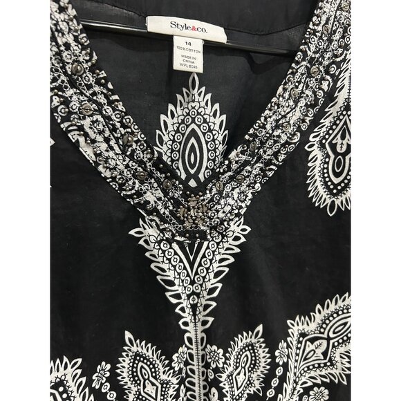 Style & Co Floral Paisley V-Neck Tunic Top Black White Sz 14 Studded Bohemian - Picture 4 of 9